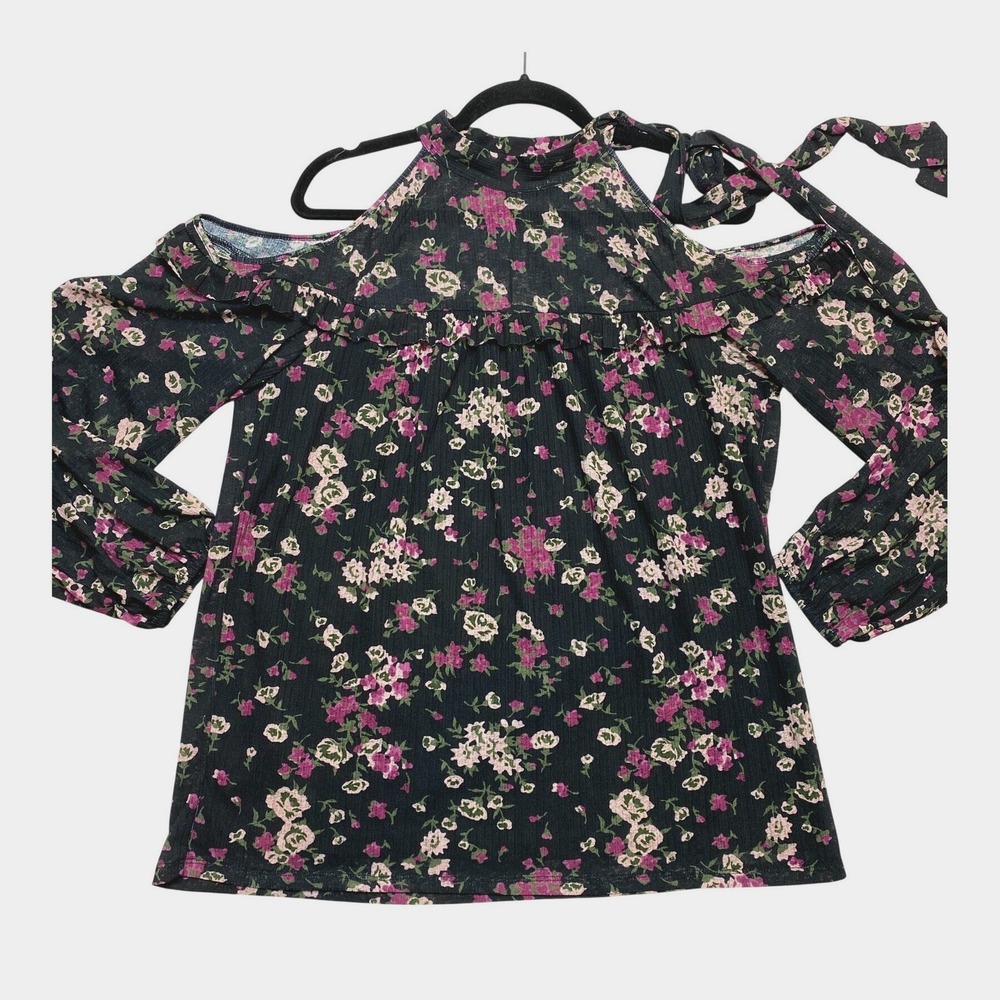 Juicy Couture Blouse Womens Large Black Long Sleeve Cold Shoulder Floral